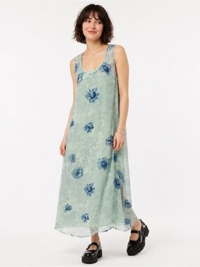 Vintage 90s She Floral Gauze Layered Maxi Dress Mint Green Small